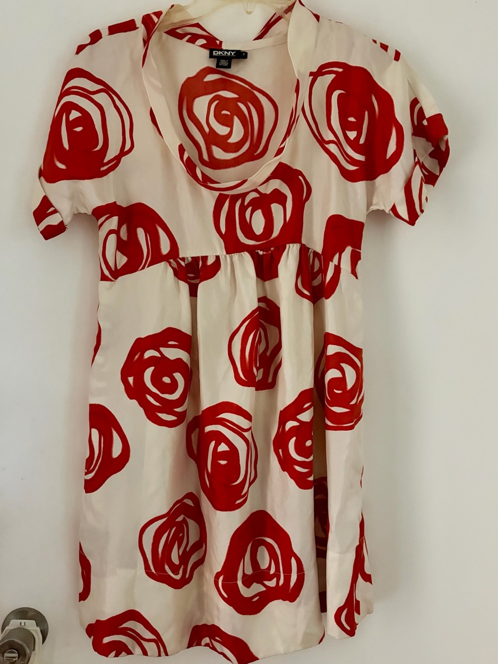 DKNY Cream Silk Dress with Bold Red Rose Motif